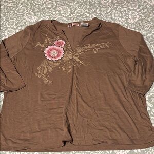 Faded Glory Brown 3/4 Sleeve Top with Pink Floral Design Size 3X (22W/24W)